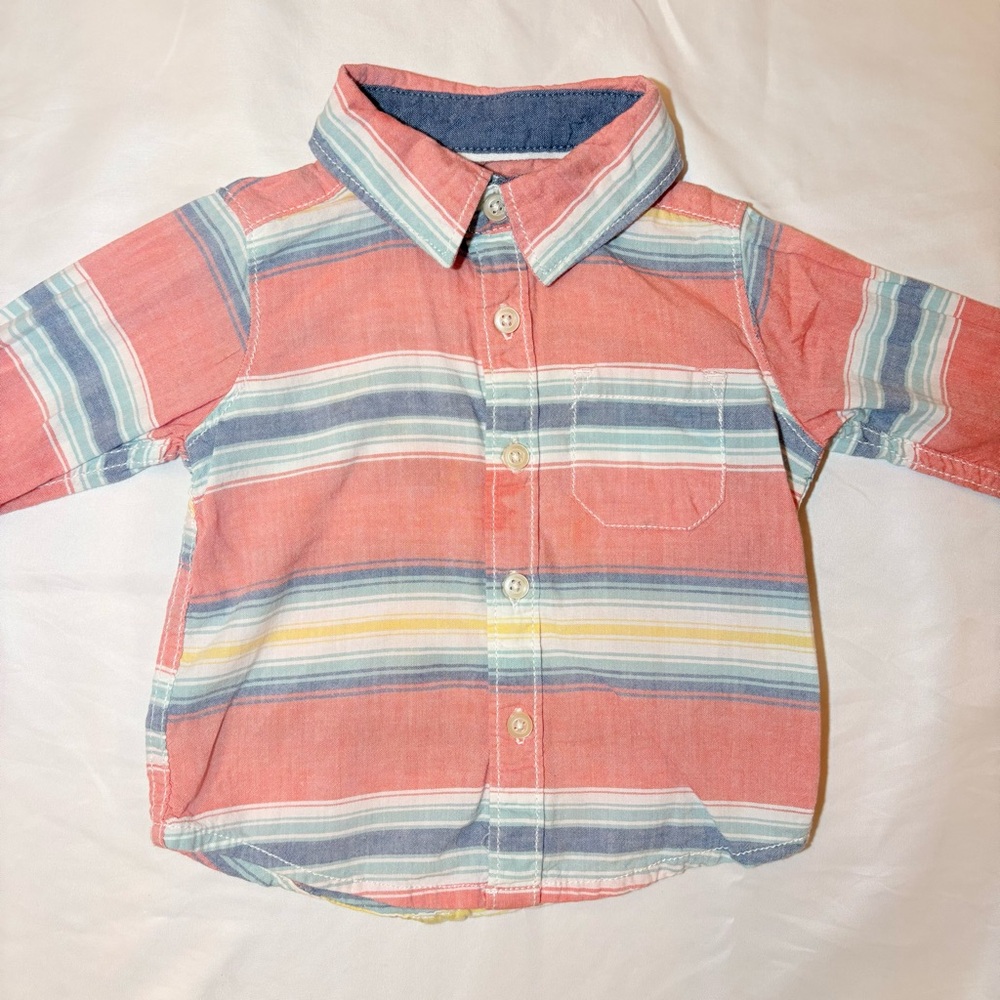 Carter's Coral Striped Button-Down Shirt with Blue, Yellow and White Accents